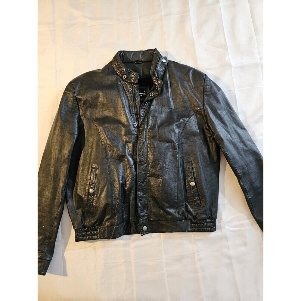 Vintage Gianni Black Leather Biker Jacket Zip Out Linning Hood size 42